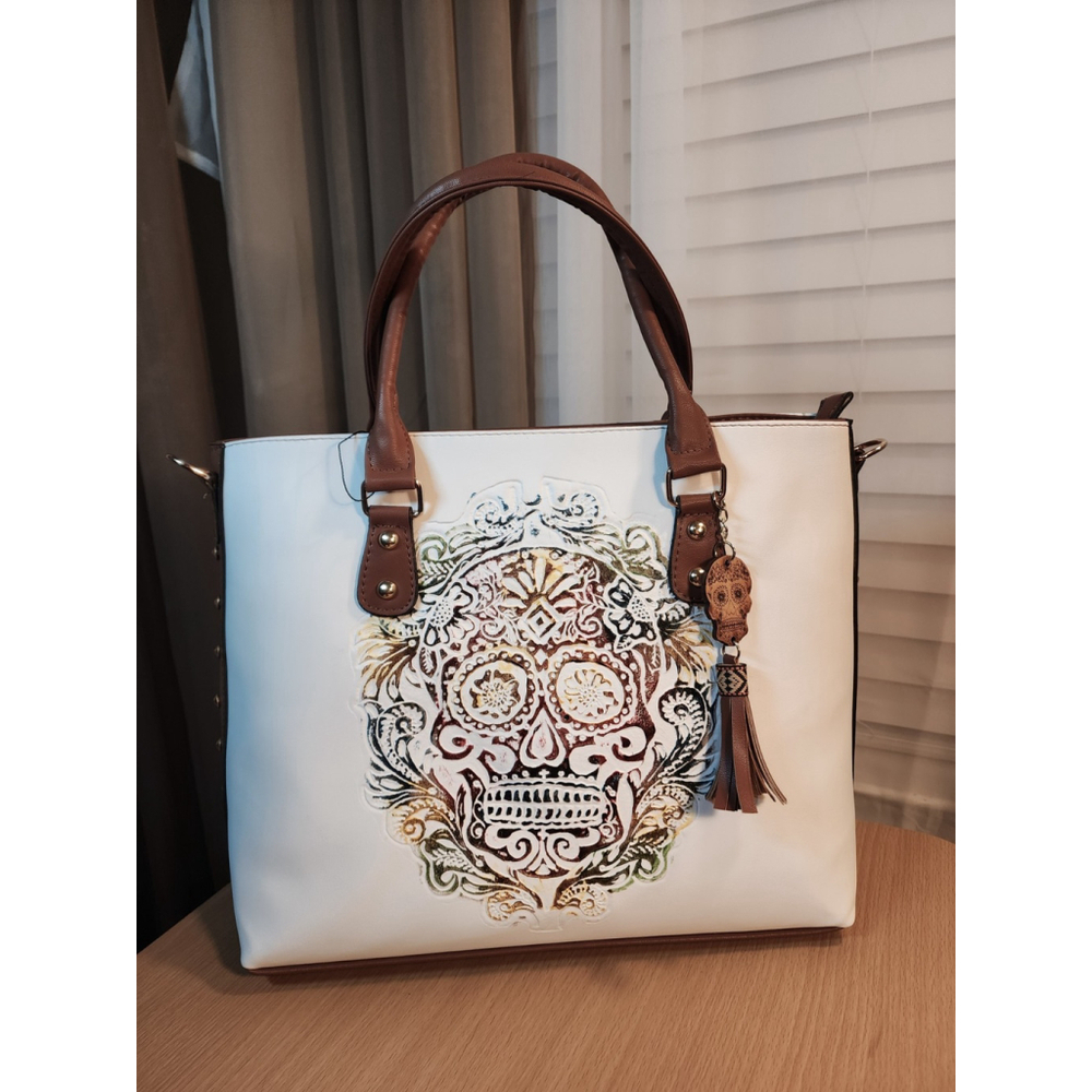 Sugar Skull Multicolor Embossed Tooled Artisan Bag Purse Tote Bolsa Artesanal - Picture 12 of 15